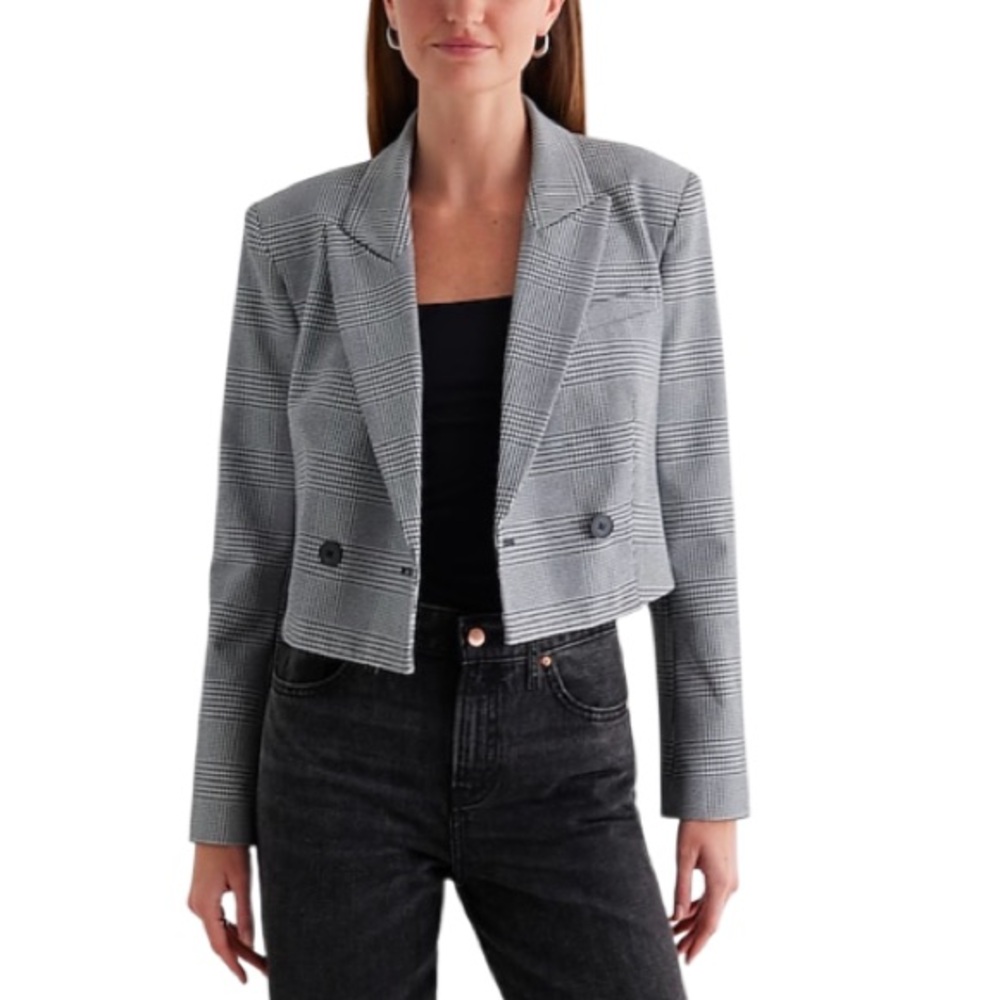 NWT Express Cropped Plaid Double-Breasted Blazer Jacket Black White XL